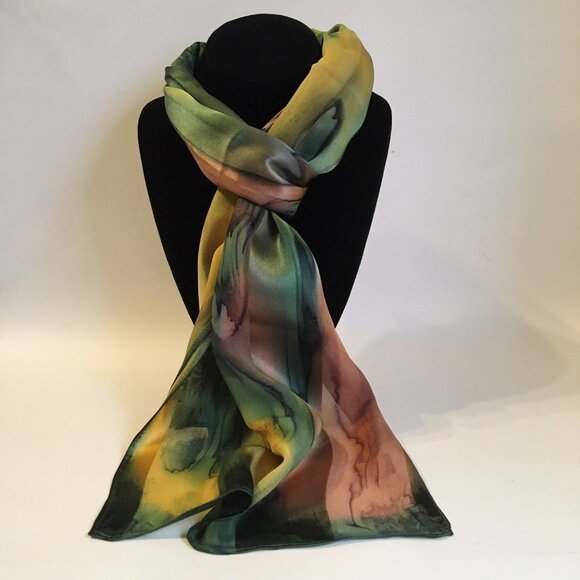8x54 Silk Charmeuse Abstract Green & Yellow One of a Kind  Hand Painted Silk Scarf Sunburst Yellow Green Brown Womens Rectangle Unique New